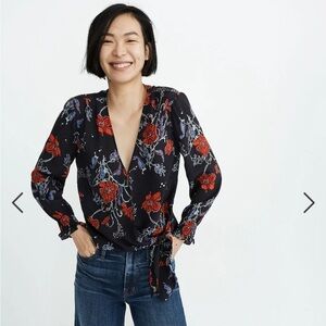 Madewell Silk Smocked Sleeve Wrap Top, size XXS